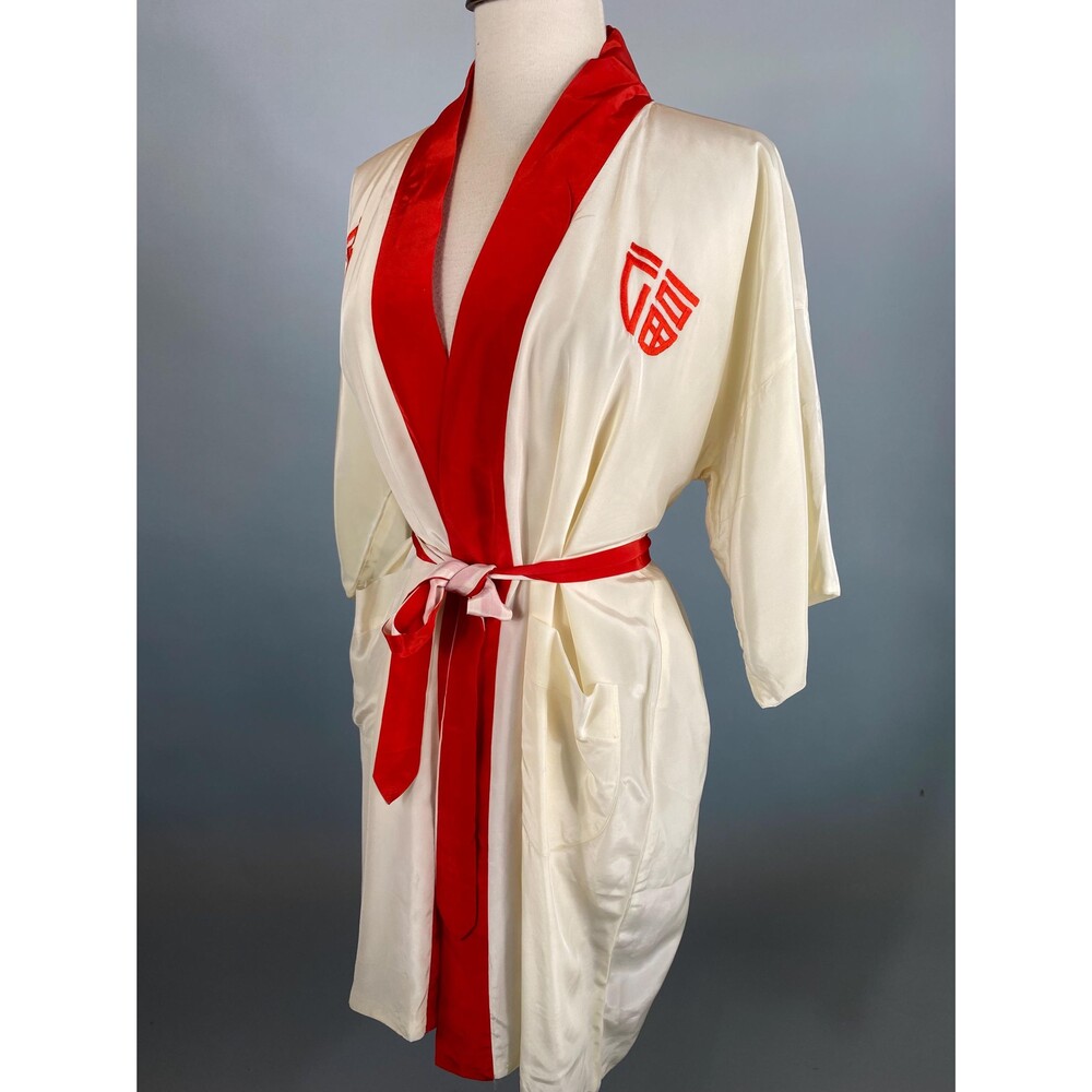 Vintage Chinese Red White Satin  Embroidered Short Robe Swimsuit Coverup Small M